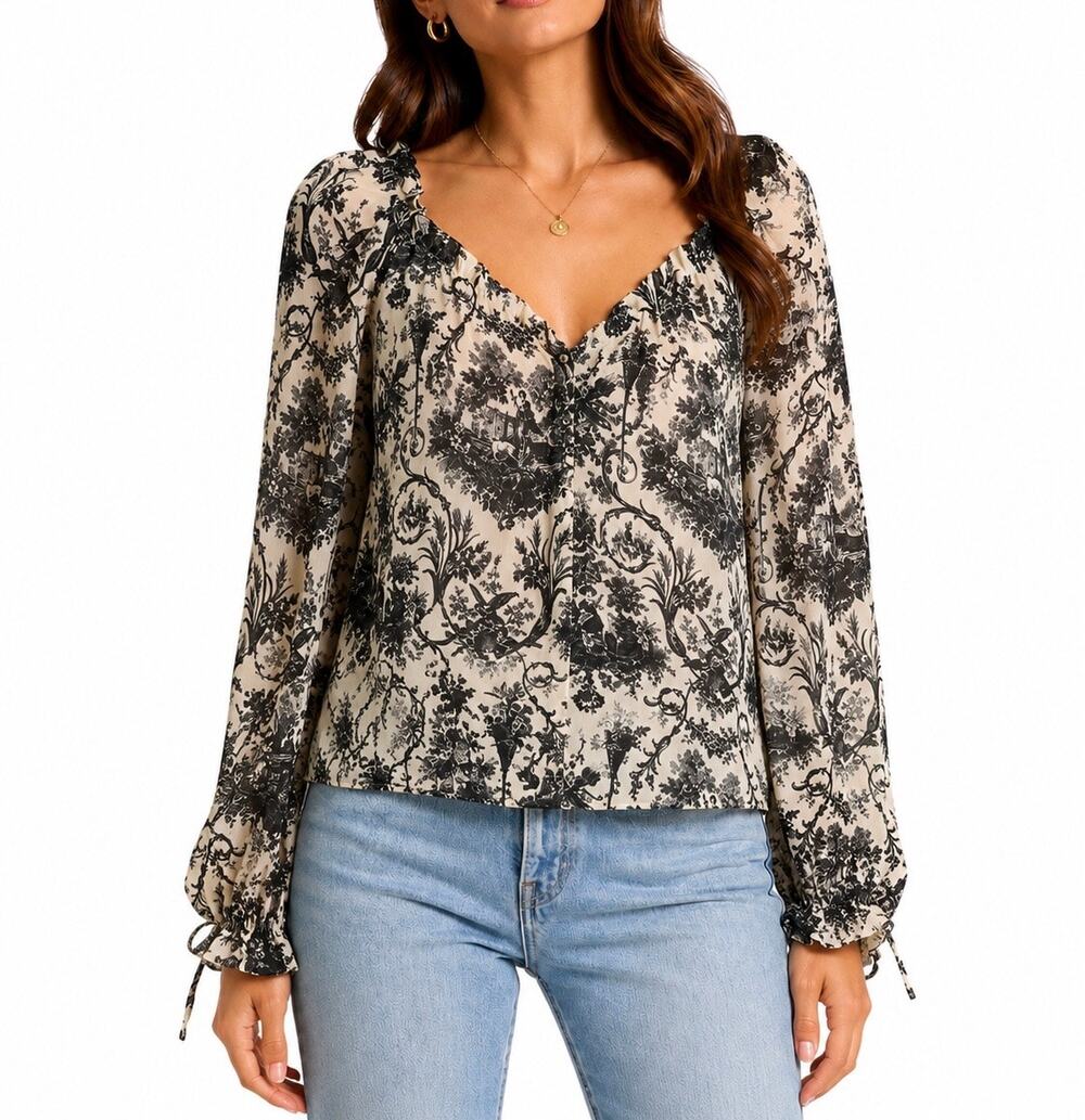 PAIGE Kiki 100% Silk Toile Print Sheer Blouse Black White Sweetheart Top XS